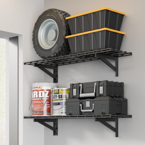 Jusgym 2-Pack heavy-duty garage wall shelves mounted with 700lb capacity for organized tool storage.