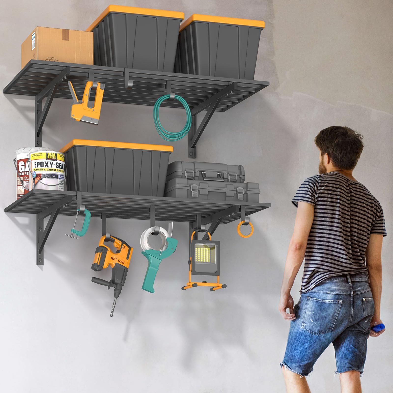 Jusgym heavy-duty shelf side view highlights reinforced frame stability