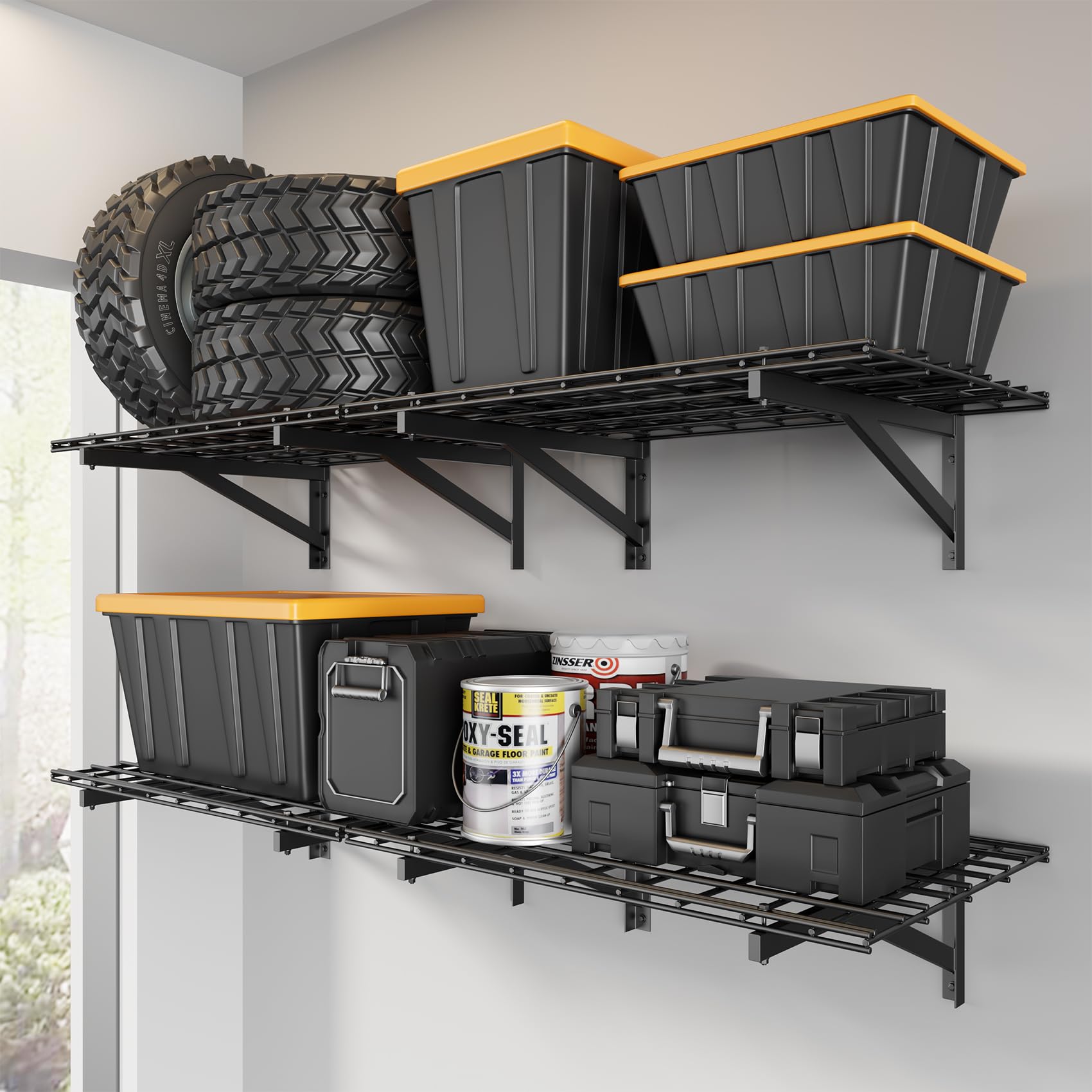 Jusgym 4-pack heavy-duty garage shelves assembled for maximum storage.