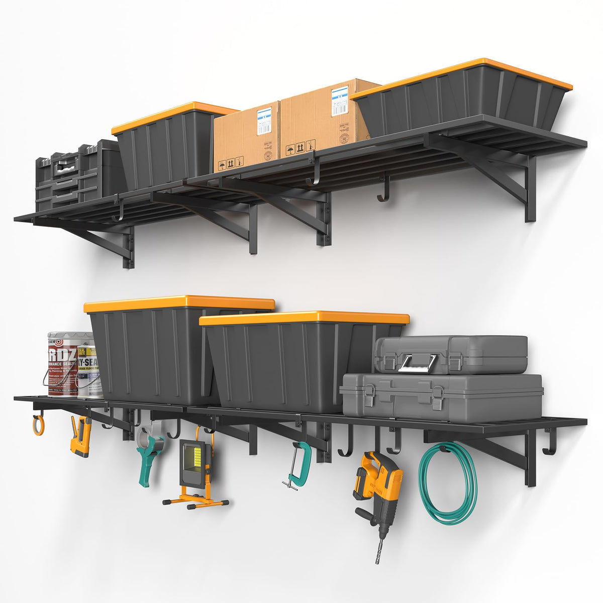 Jusgym 4-Pack wall-mounted shelving assembly demonstrates sturdy steel construction for durable garage storage.