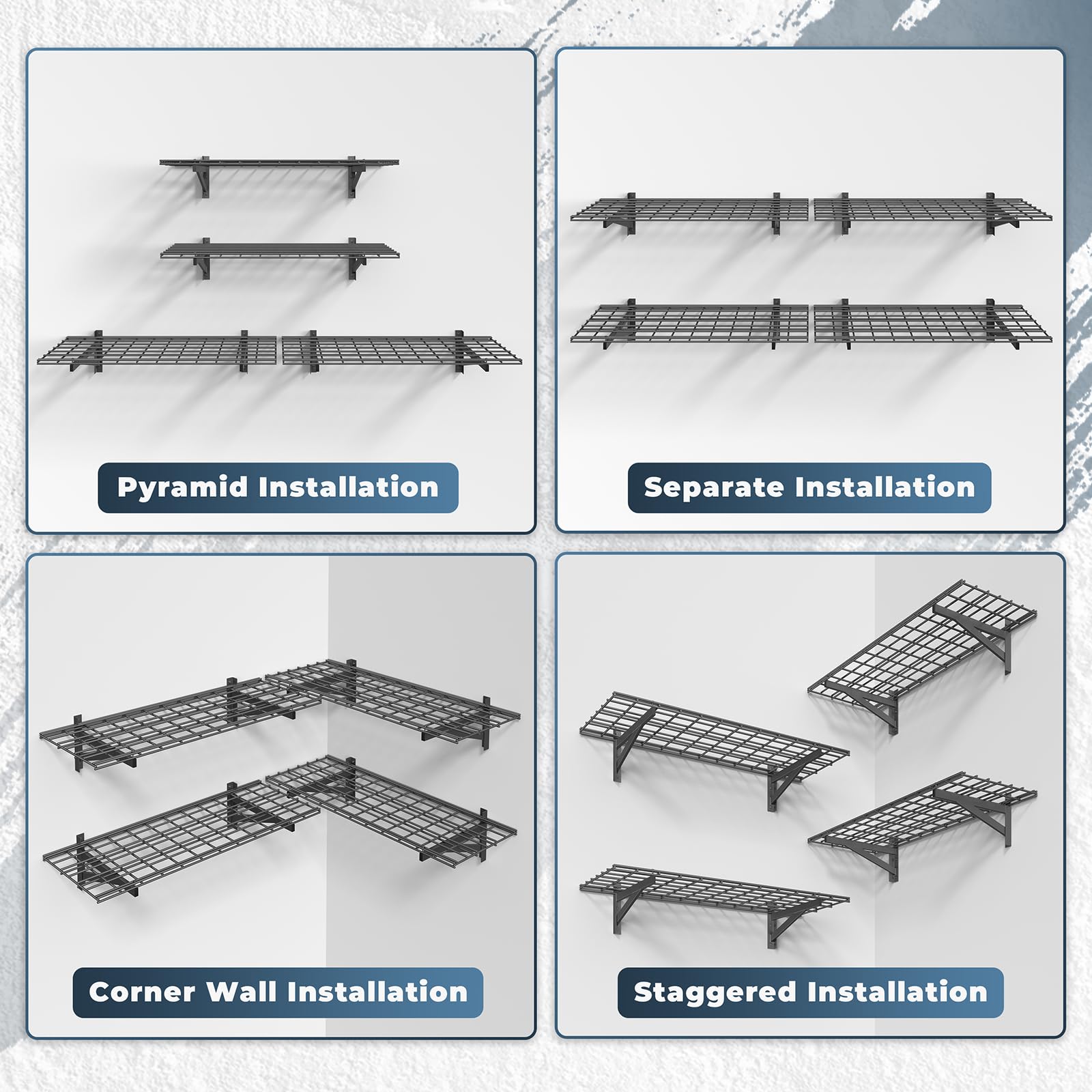 Jusgym adjustable spacing brackets adapt to irregular stud layouts for flexible shelving.