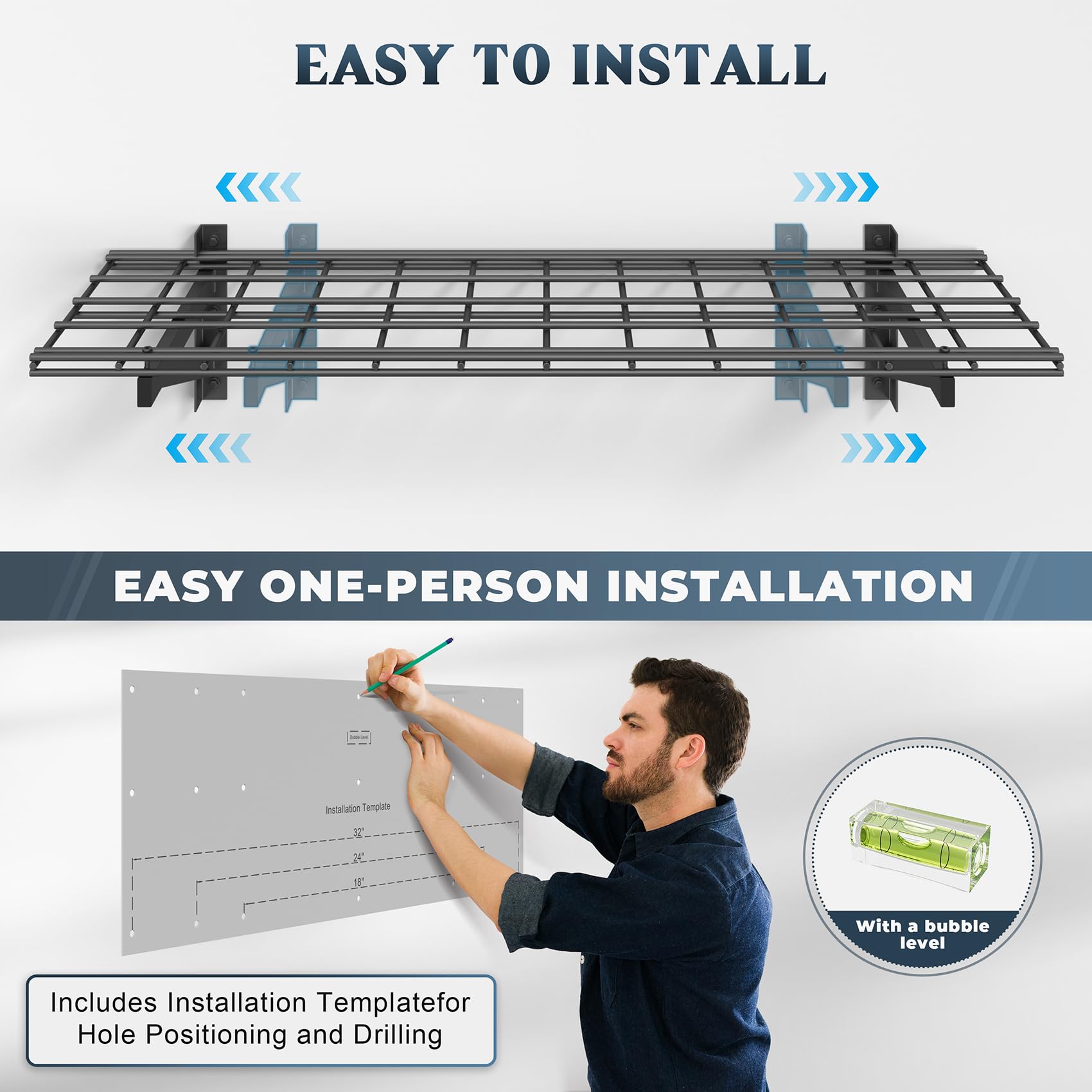 Jusgym brackets adapt to any wood stud layout, enabling flexible shelf heights.