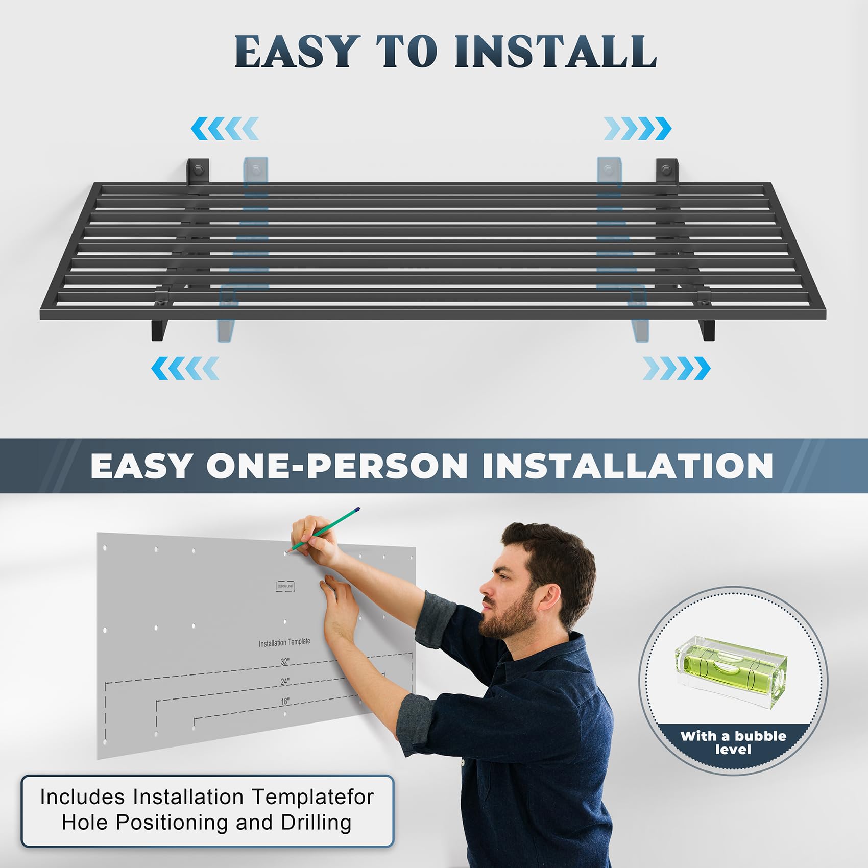 Jusgym bubble level included to ensure a level installation