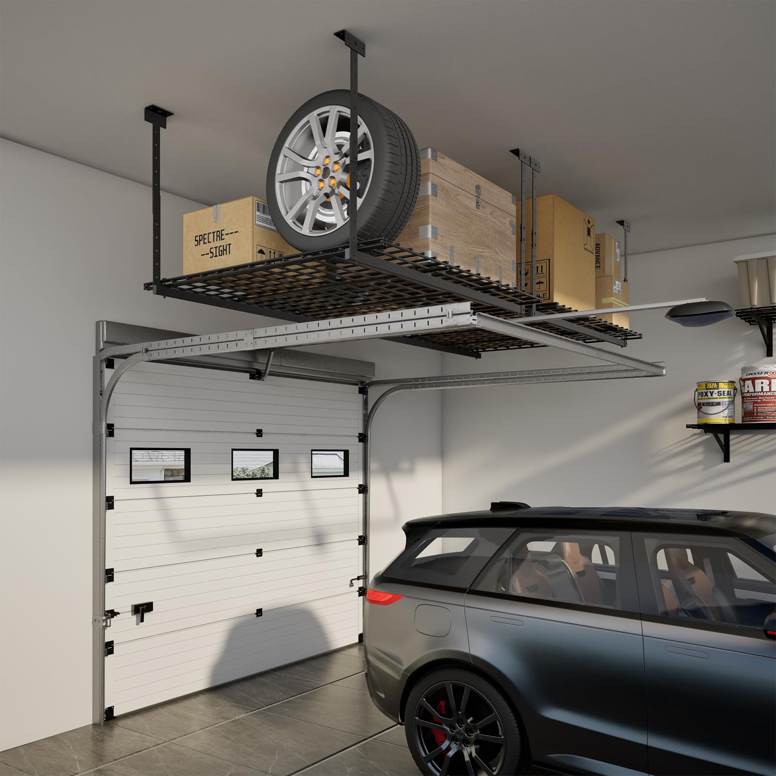 Jusgym overhead rack mounted to ceiling joists in a tidy garage