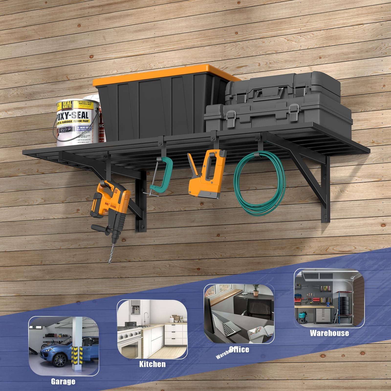 Jusgym organized garage tools neatly stored under the shelf