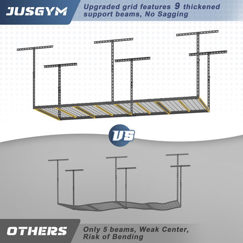 Jusgym overhead garage storage 9-beam grid emphasizing durability and load stability