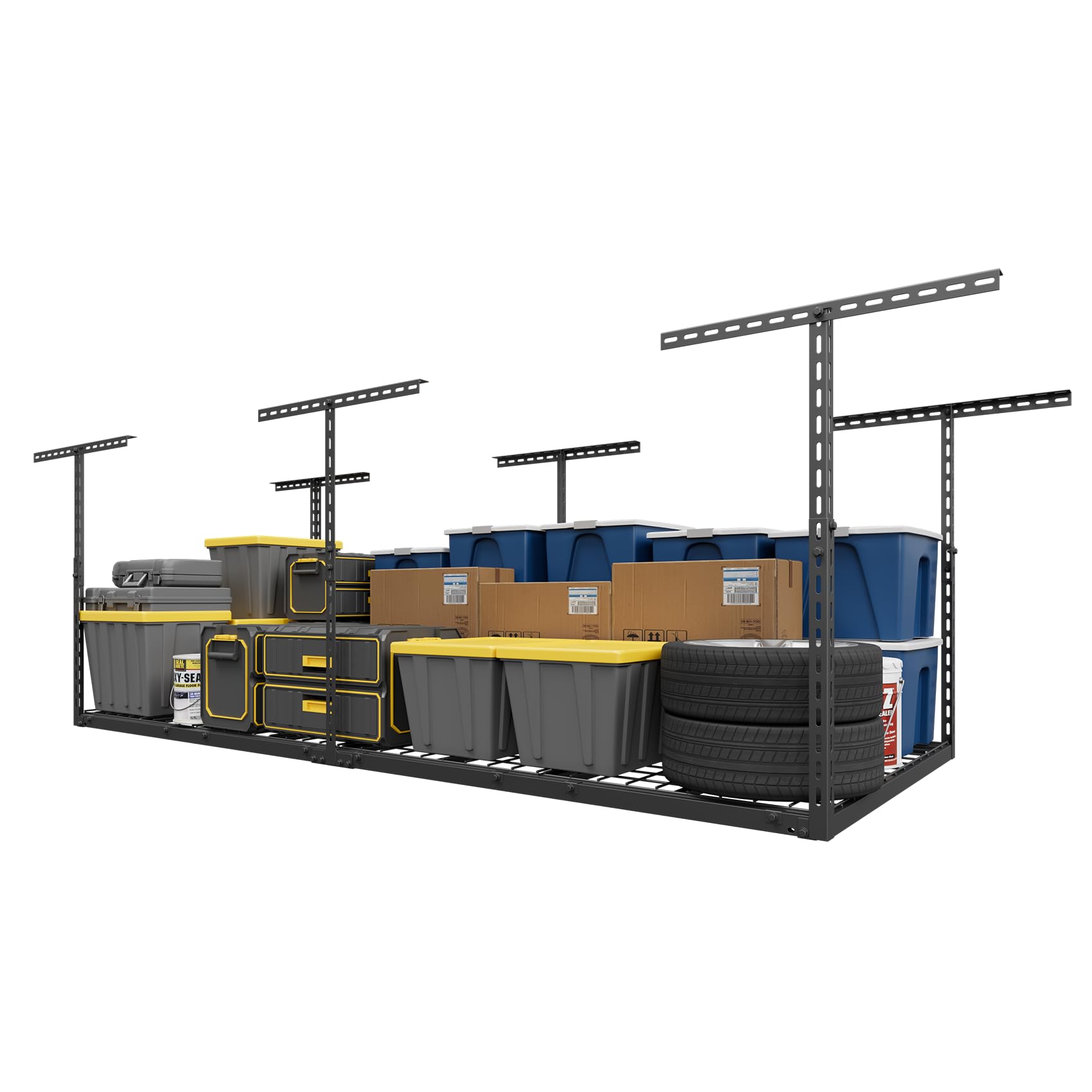 Jusgym overhead garage storage installation demonstrates easy, secure mounting for one person