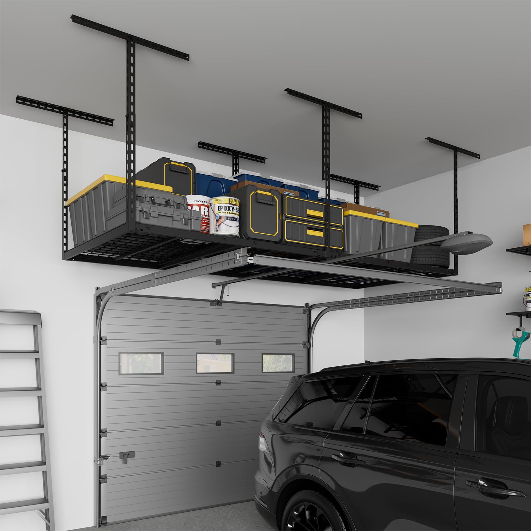 Jusgym overhead garage storage safely accommodates large bins and tools