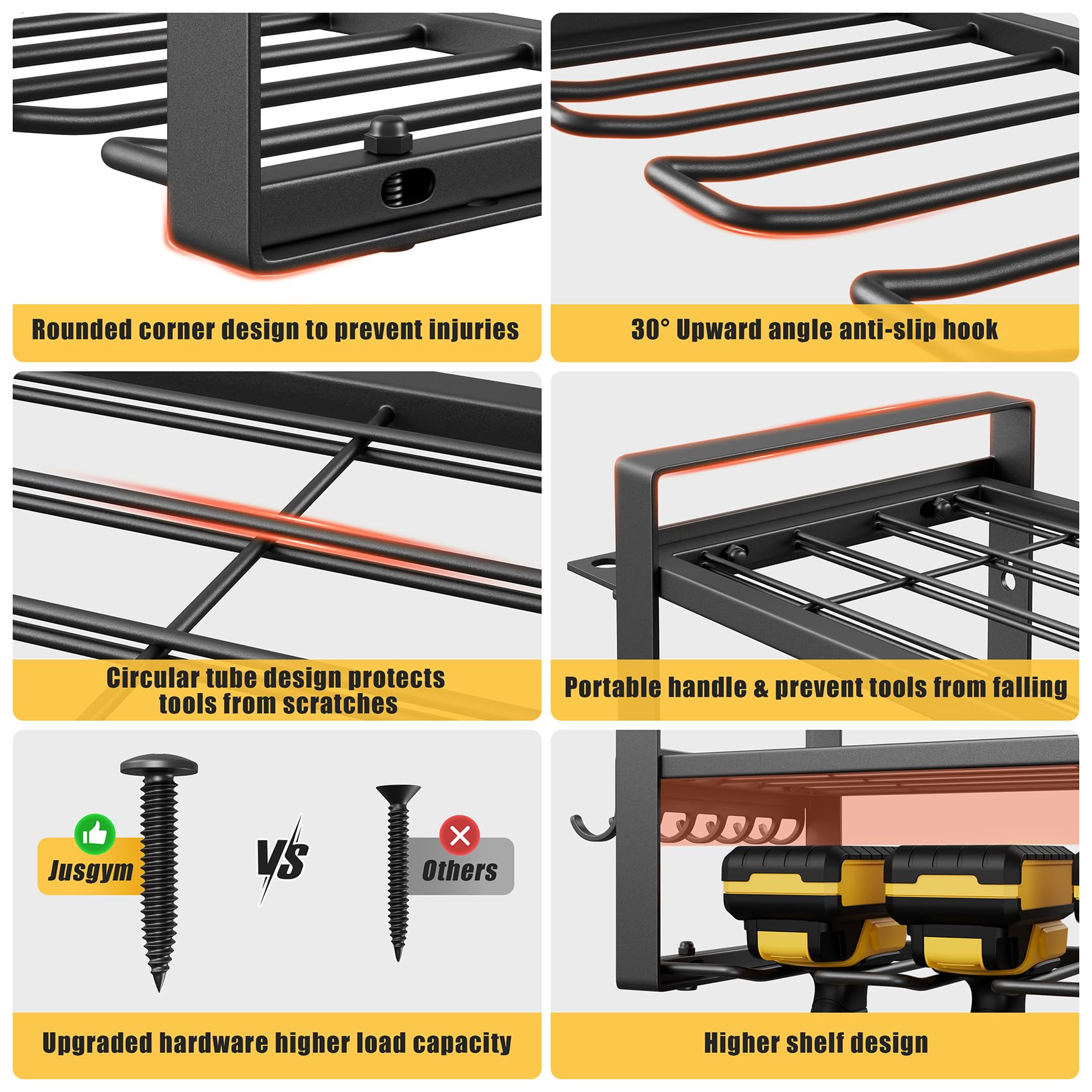 Jusgym tiered shelves stabilizing heavier tools for easy reach