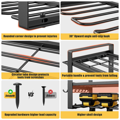Jusgym tiered shelves stabilizing heavier tools for easy reach