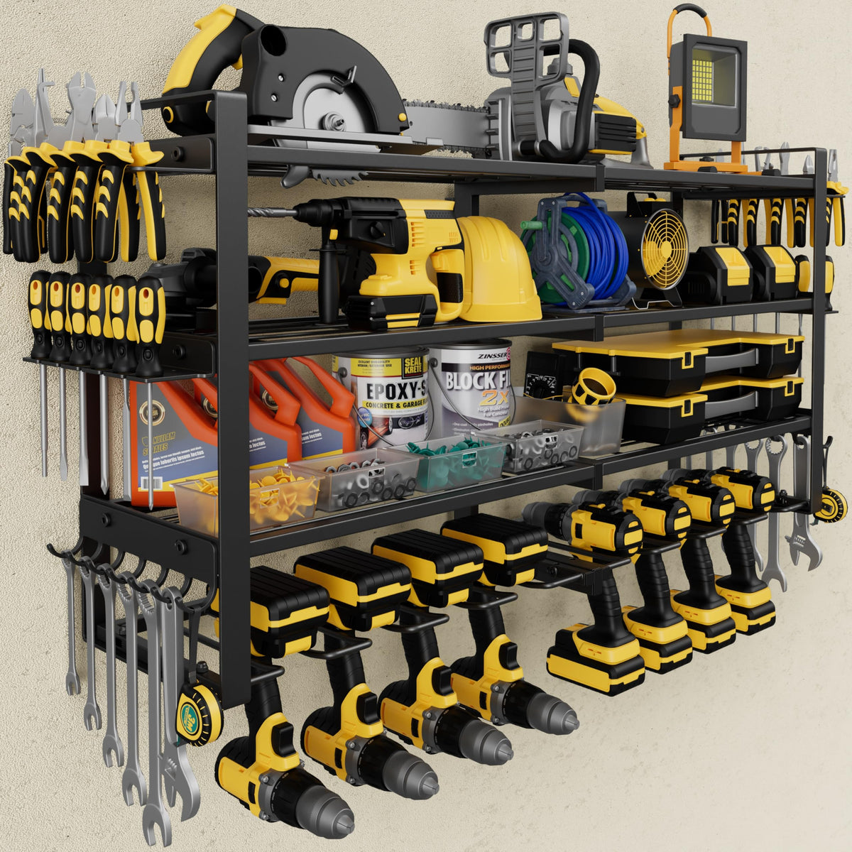 Jusgym power tool organizer wall mount with four tiers for garage storage and easy access
