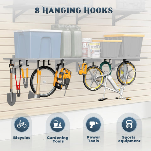 Jusgym shelves with hooks illustrate flexible hanging for tools