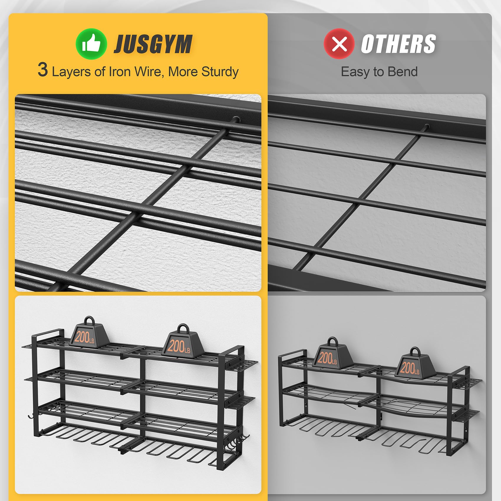 Jusgym sturdy tiered shelves support heavy tools with stable mounting