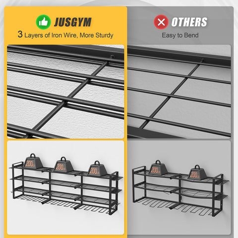 Jusgym tiered shelves organize heavy tools within easy reach.