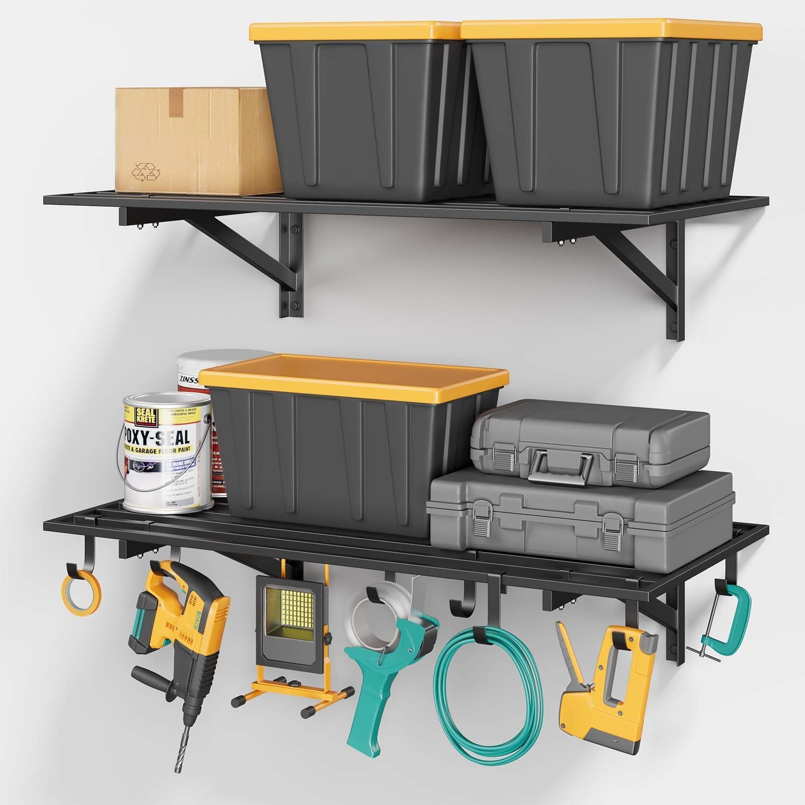 Jusgym wall-mounted shelves setup showing sturdy steel for durable garage organization