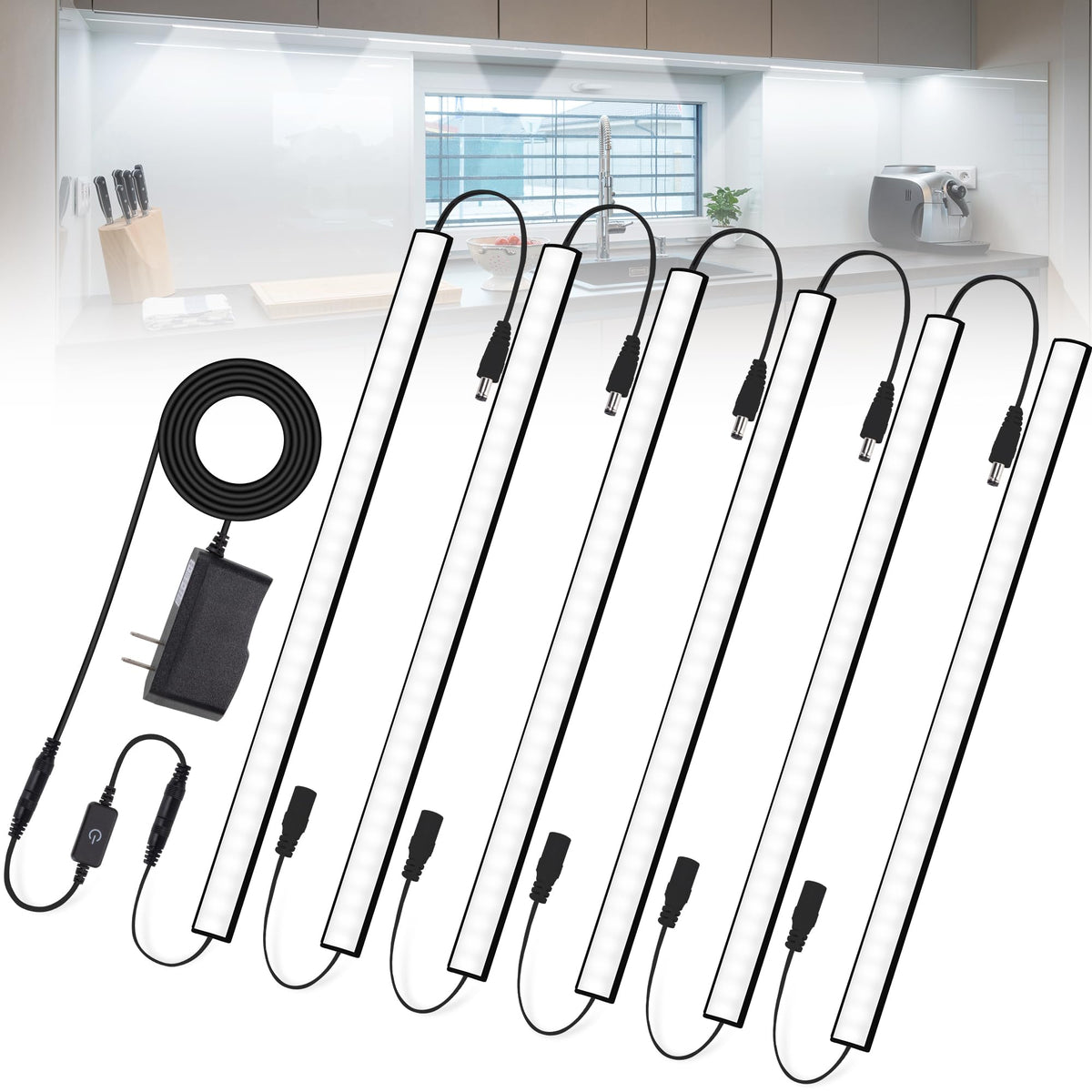 JUSJUBR 6x12-inch under-cabinet light bars illuminate countertops evenly for tasks.