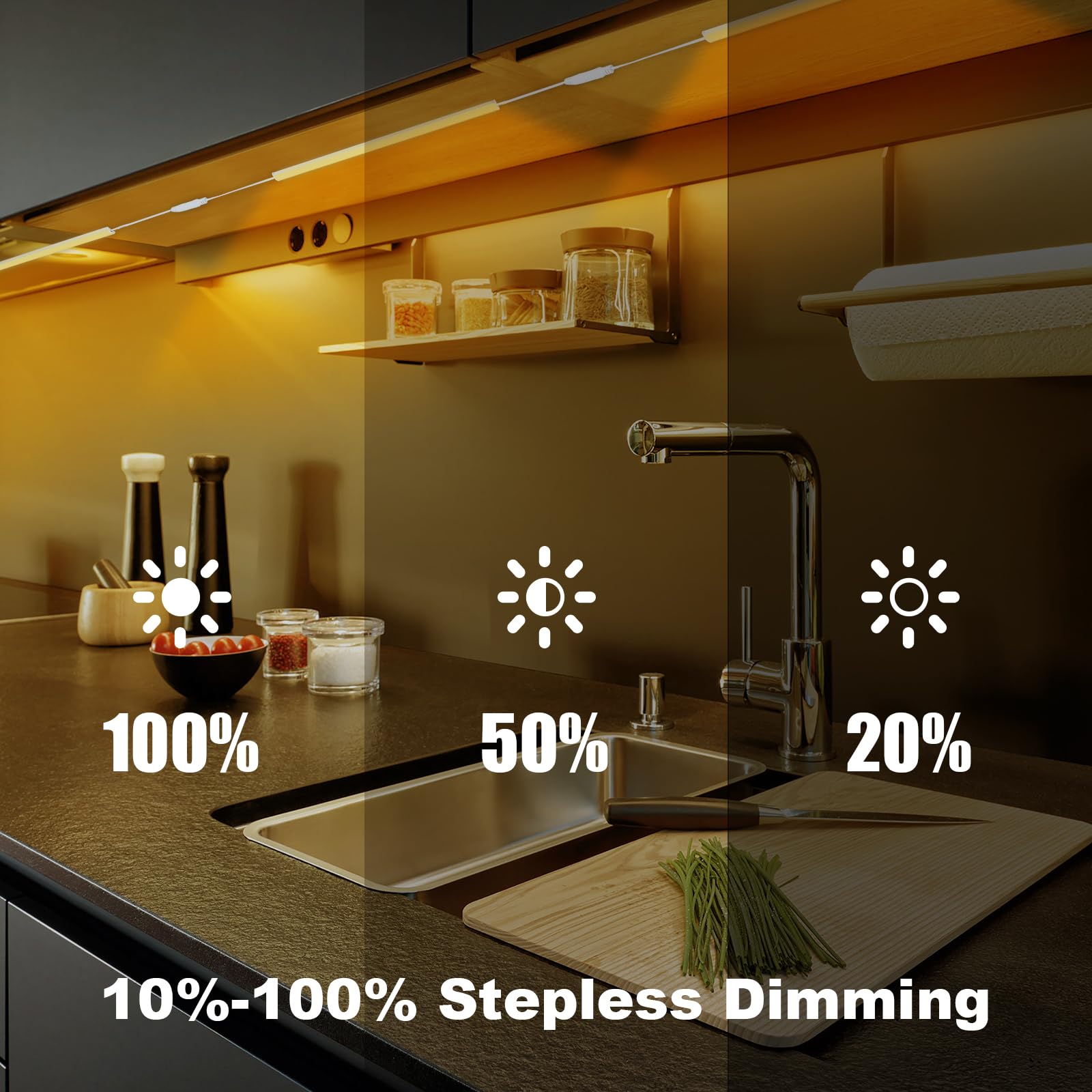 JUSJUBR dimmable cabinet lights let you tailor brightness for tasks.