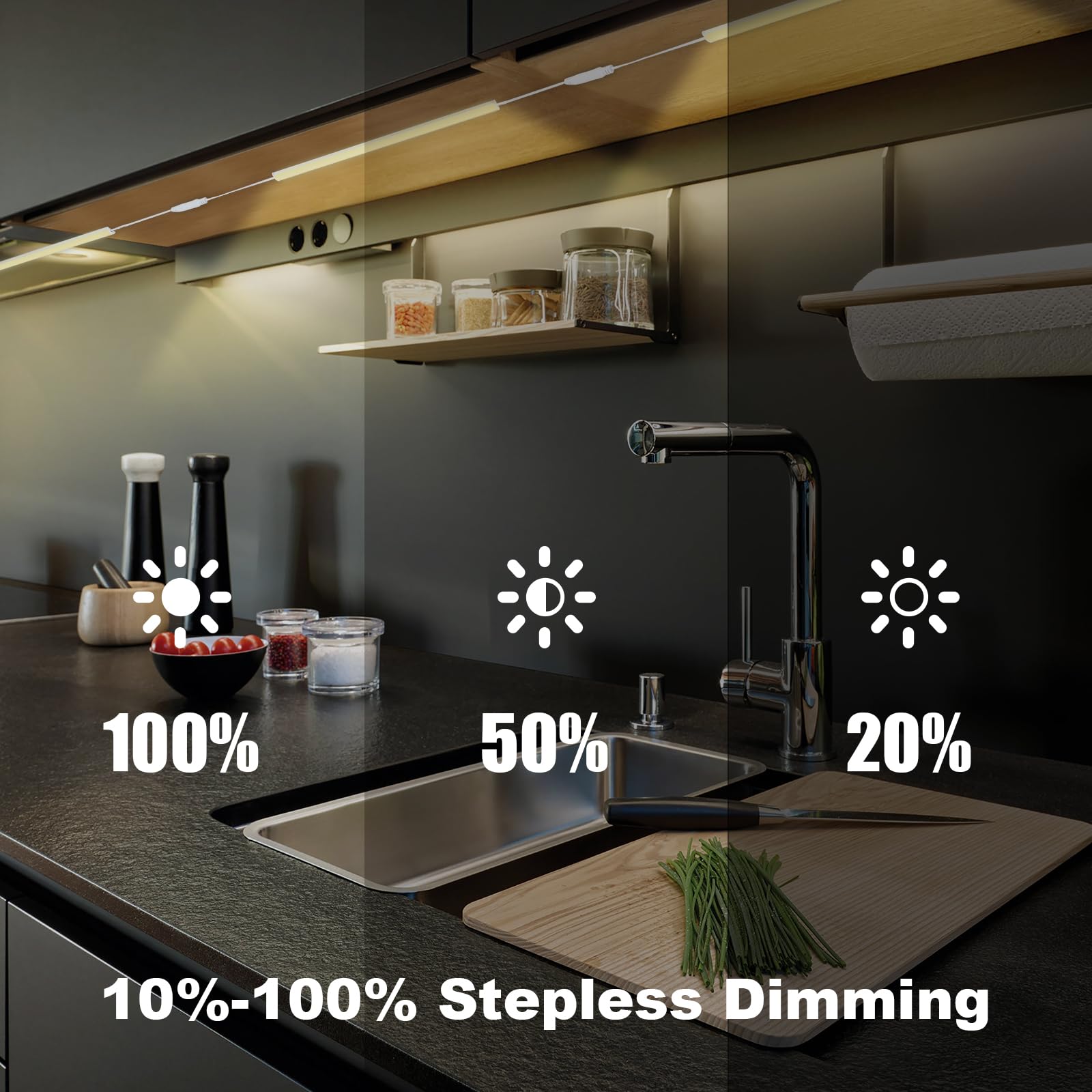 JUSJUBR kitchen cabinet illumination delivers wide coverage for countertops and work areas.