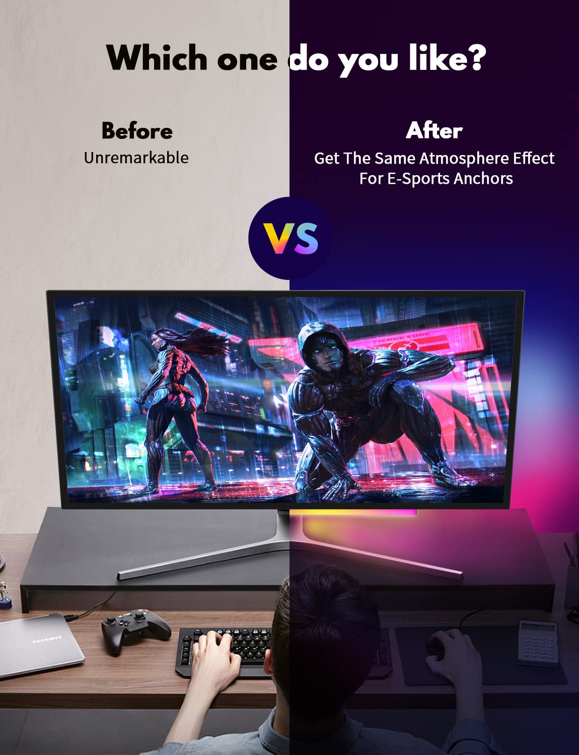 JUSJUBR easy-install RGB light bar with adhesive and clips.