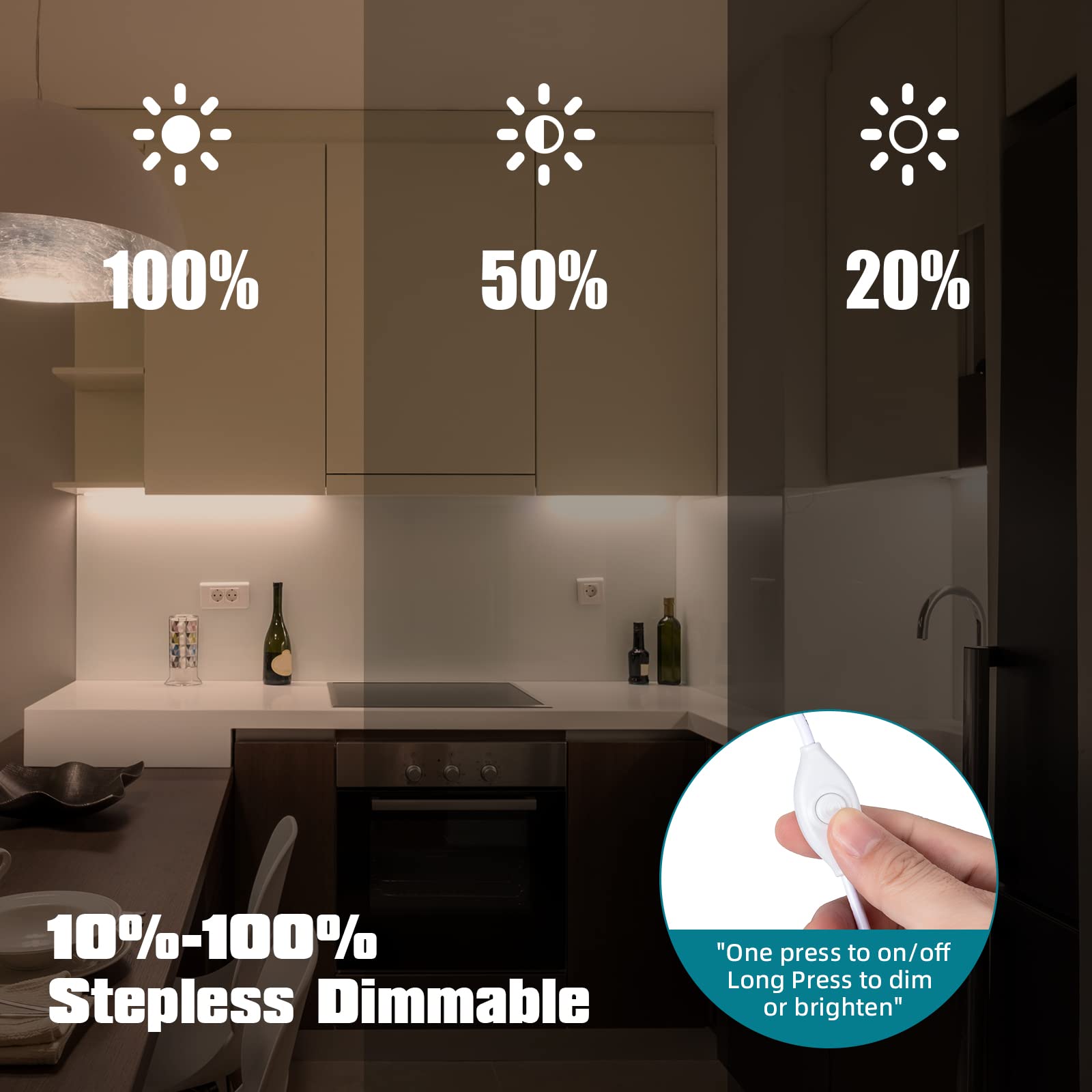 JUSJUBR memory function LED under-cabinet light remembers last brightness level.