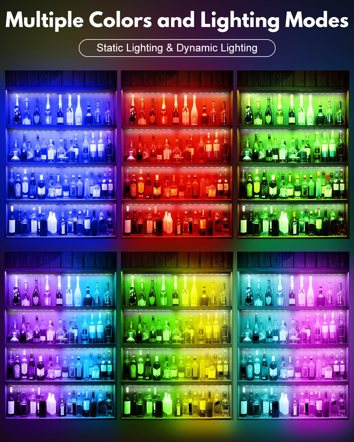 Color-cycle mode of JUSJUBR RGB shelf lights creates vibrant mood lighting.