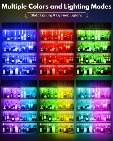 Color-cycle mode of JUSJUBR RGB shelf lights creates vibrant mood lighting.
