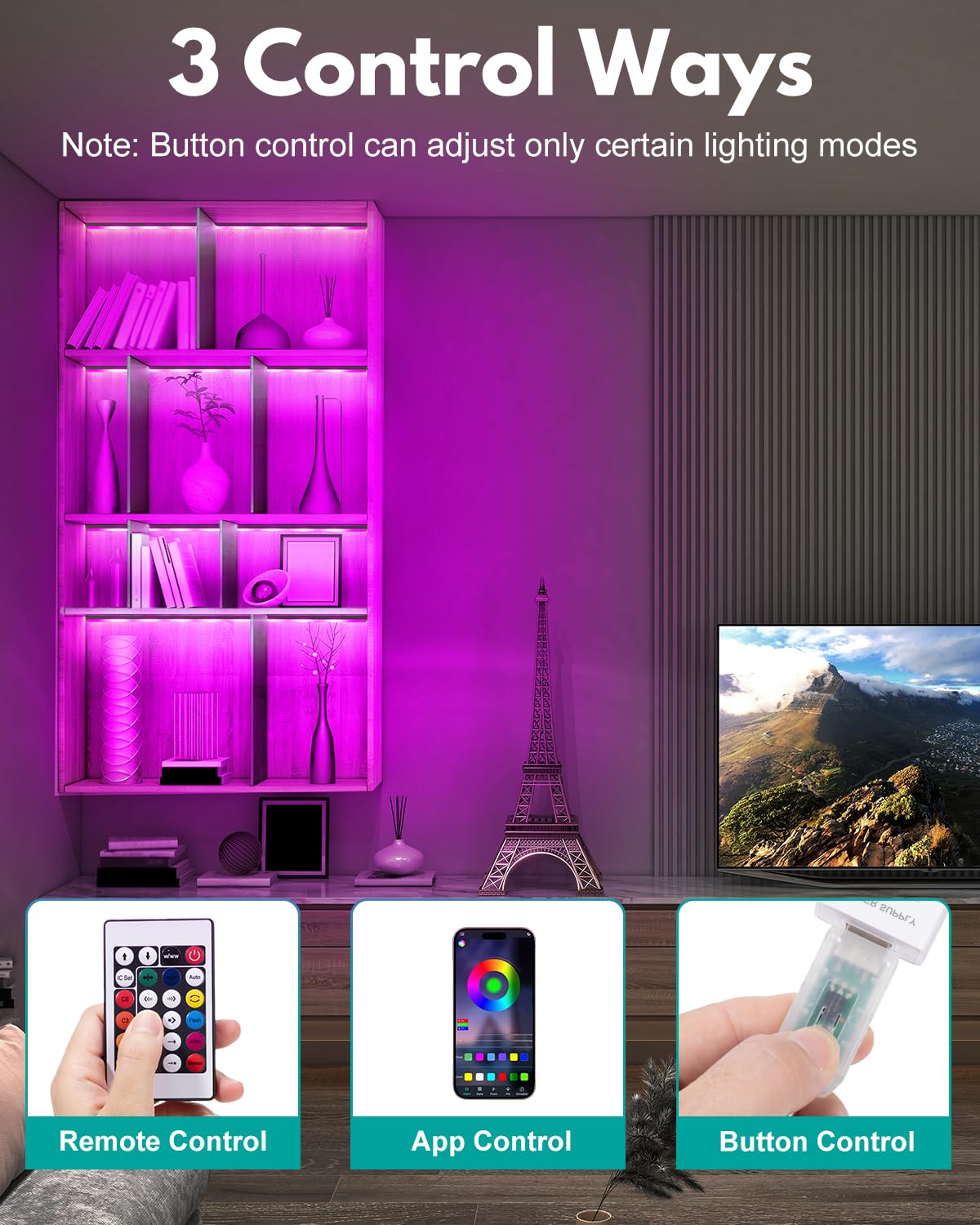 Remote control enables quick access to favorite lighting modes from a distance.