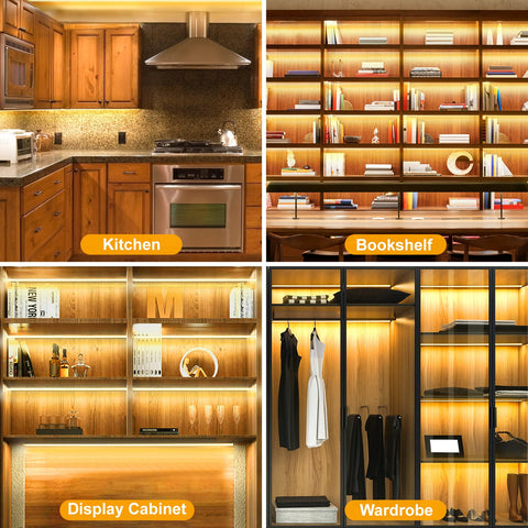 JUSJUBR ultra thin strips hide neatly under shelves for clean aesthetics.