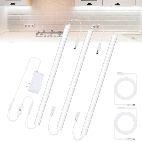 JUSJUBR under-counter lights 3-pack 12-inch bars brighten countertops evenly.