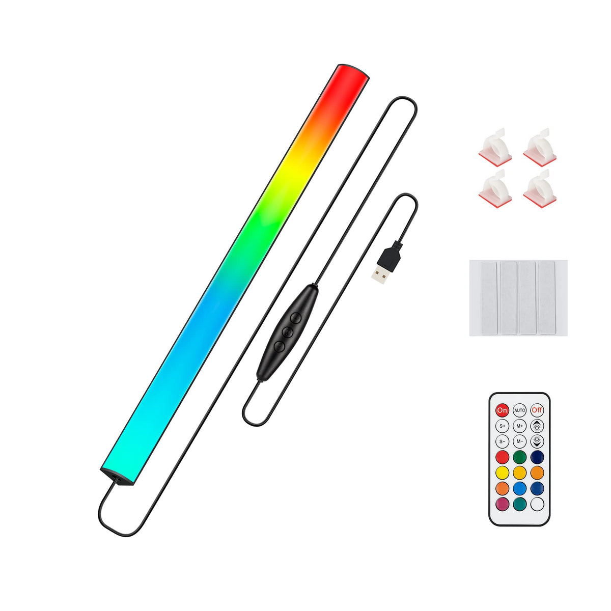 JUSJUBR under-monitor RGB light bar adds ambient glow to a gaming desk.