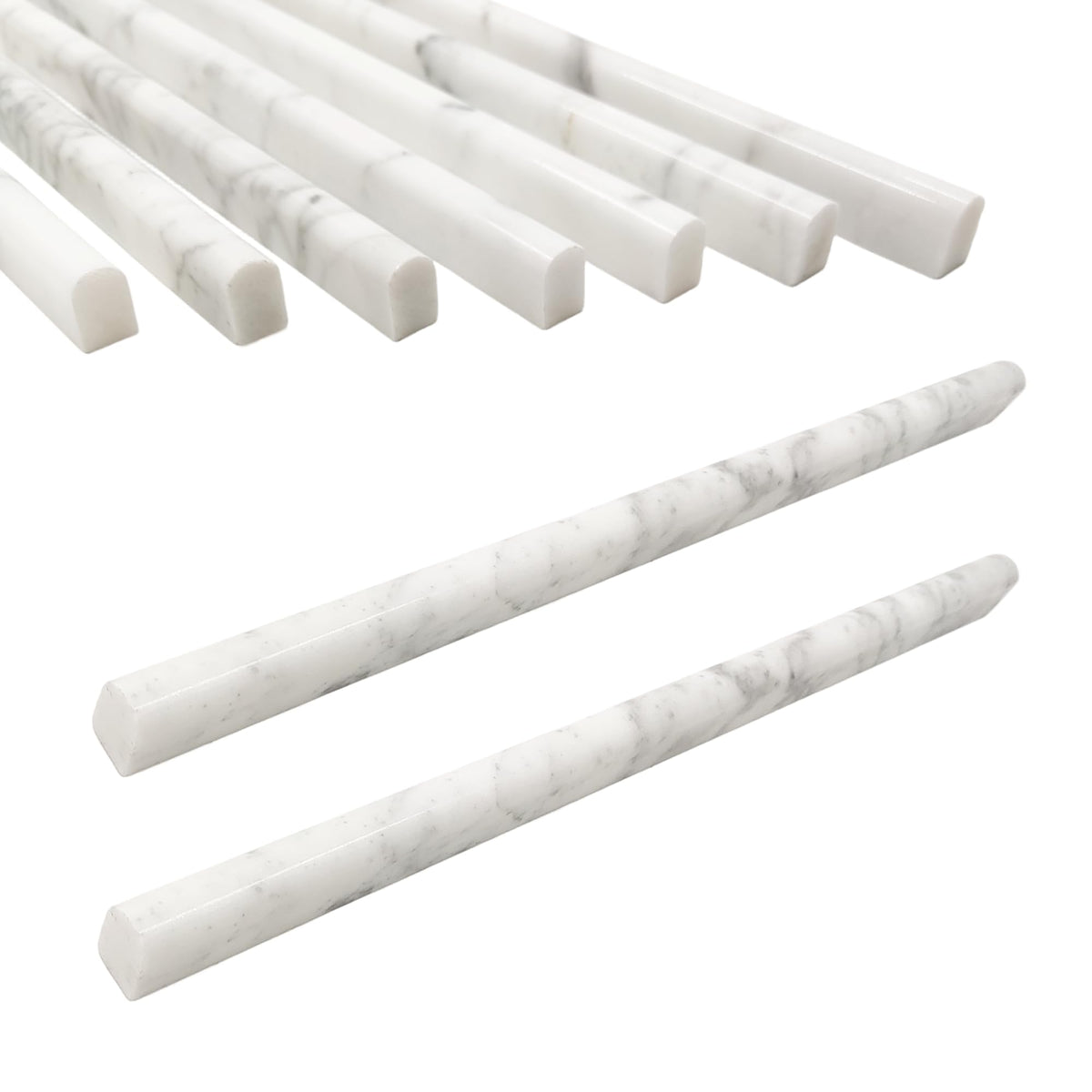 Jusmioke Carrara white marble pencil liner tile close-up of polished edge for a refined backsplash.