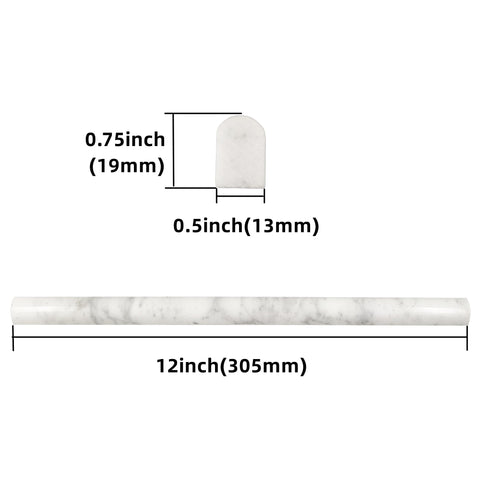 Jusmioke Carrara marble pencil liner tile installed along shower wall edge.