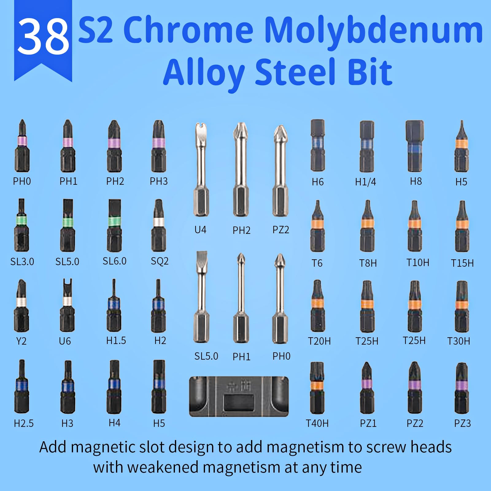 JUSTHERE 32 short 25mm bits color-coded for quick identification during projects.
