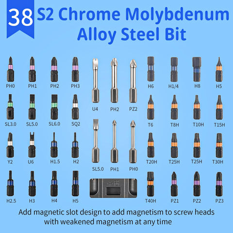 JUSTHERE 32 short 25mm bits color-coded for quick identification during projects.