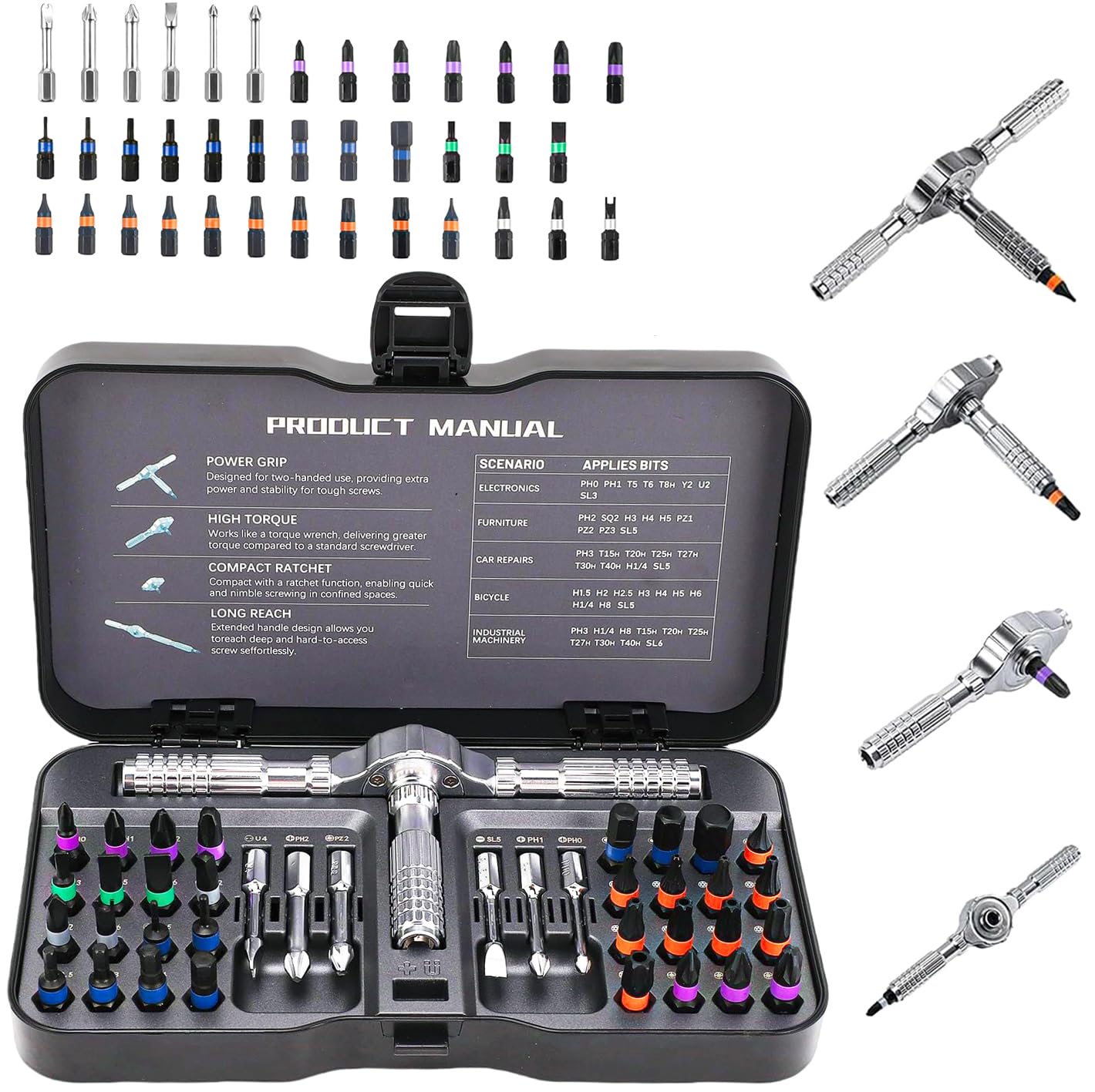 JUSTHERE 42-in-1 magnetic screwdriver set handle offers a secure grip for precise repairs.