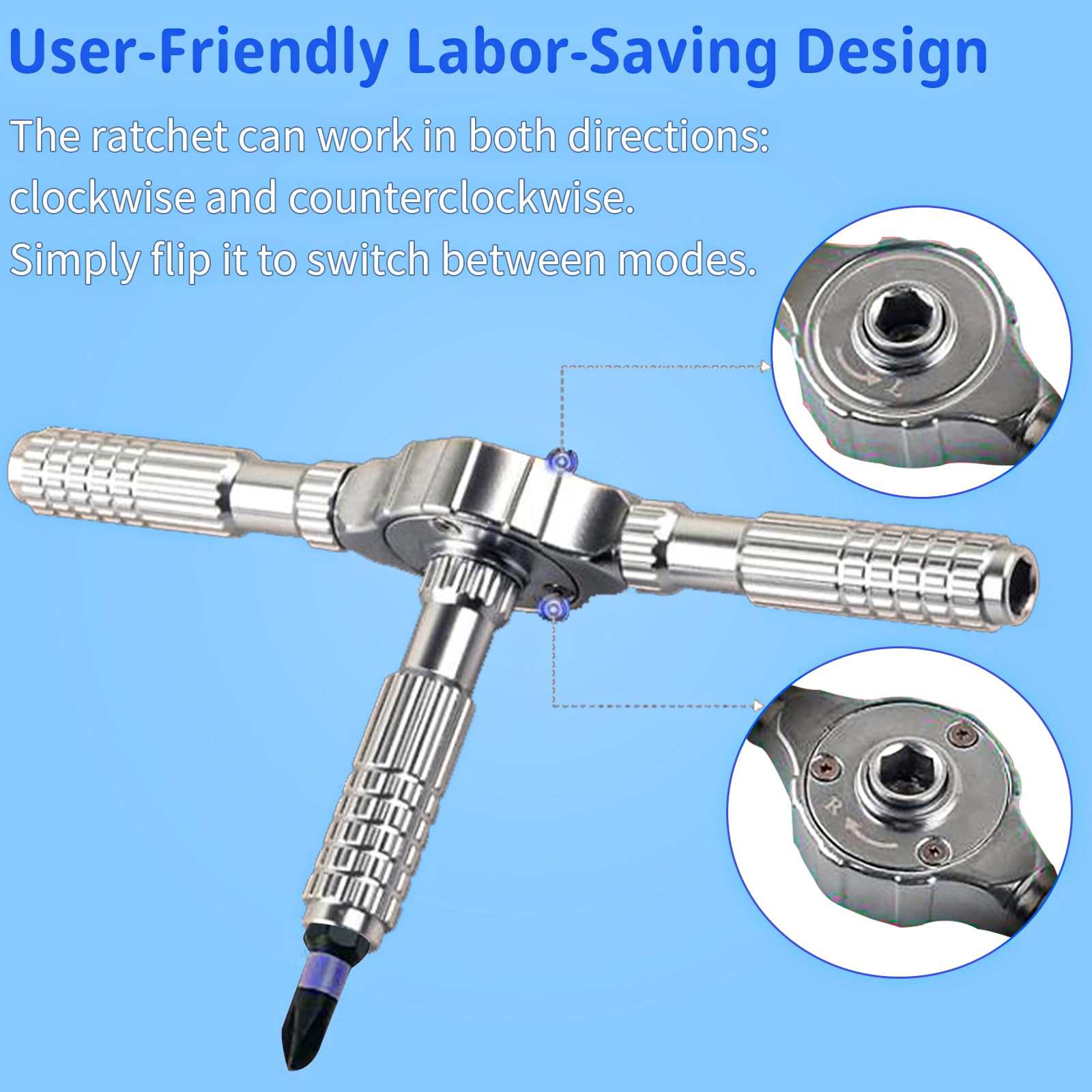 JUSTHERE ergonomic T-handle ratcheting enables smooth one-handed operation.