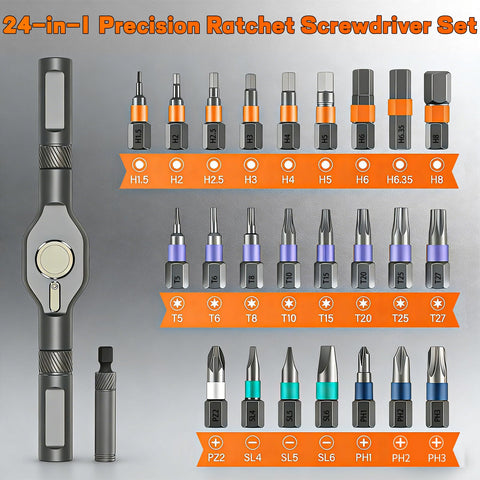 JUSTHERE ratcheting screwdriver with 58-tooth system for one-handed use