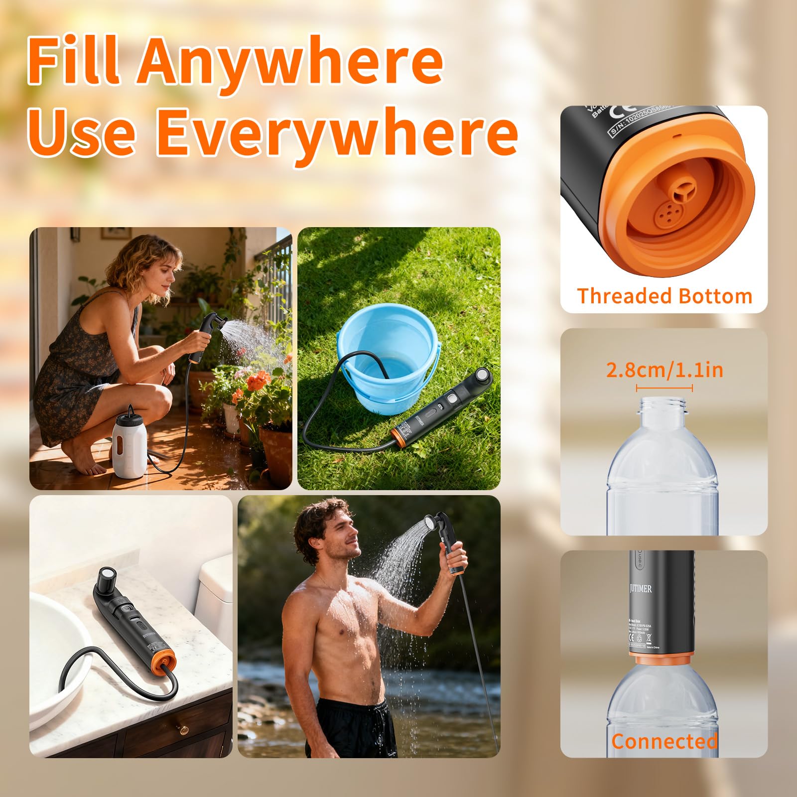 JUTIMER camping shower powered by 1600mAh battery for long outings