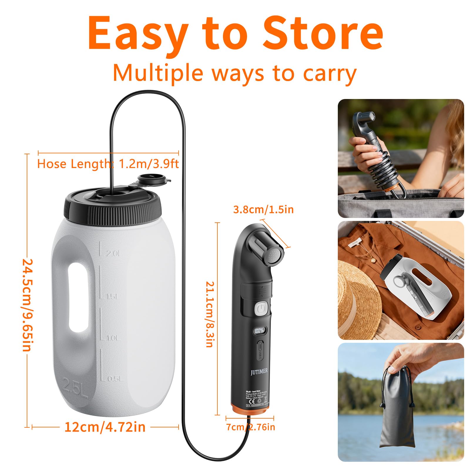JUTIMER outdoor shower kit includes nozzles, storage bag and USB cable