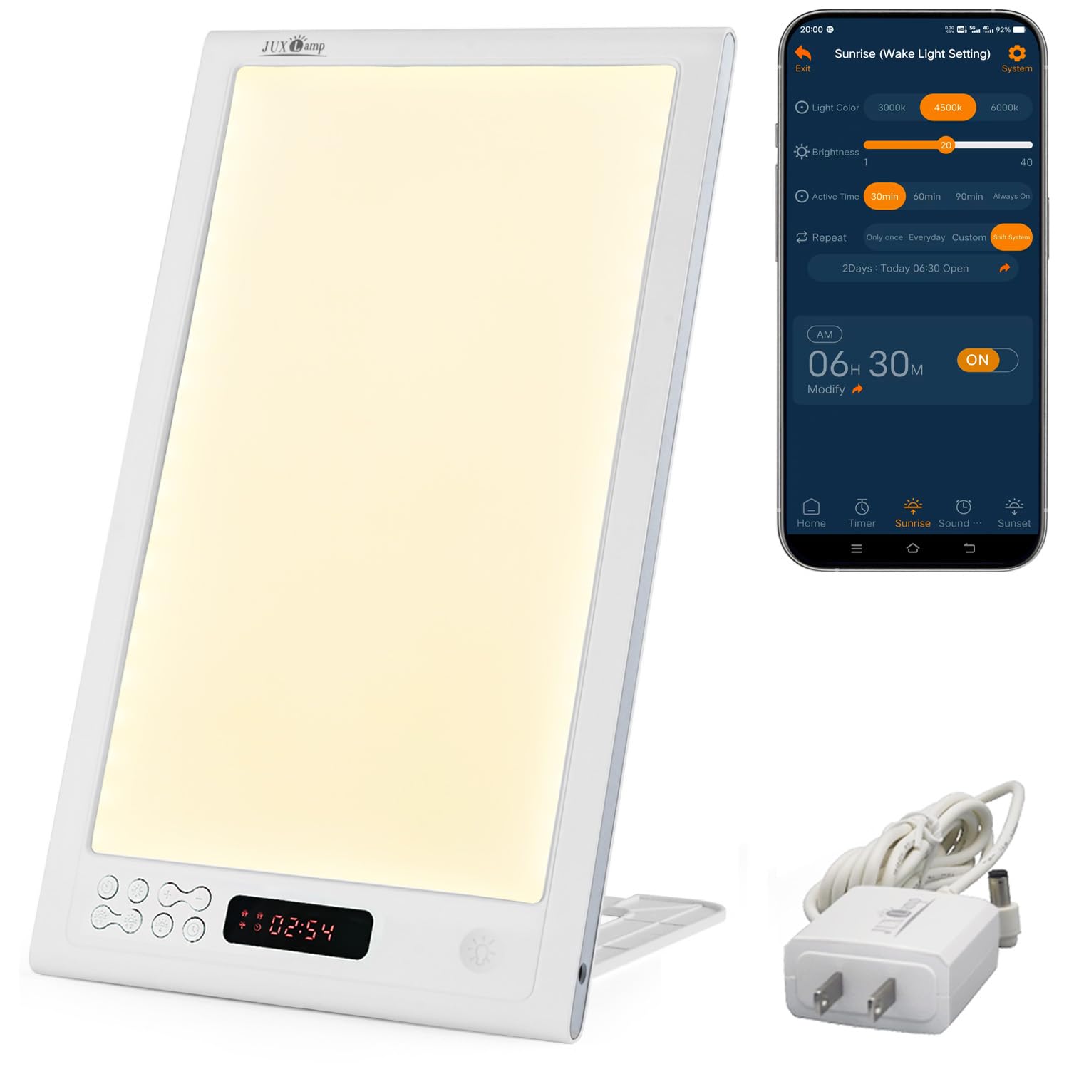 JUXLamp sunrise simulation gently lights the room for a calm wake-up.
