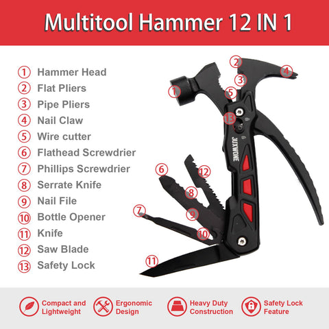 JUXWONE twelve-in-one hammer pocket knife excels in camping and quick repairs.