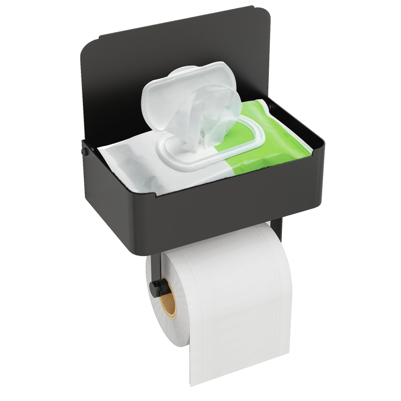 JUYSON toilet paper holder with shelf front view for organized bathroom storage