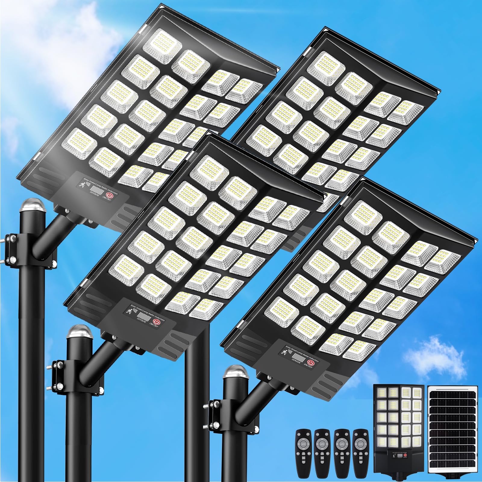 JWT 4 pack 16in solar street light front view delivering broad bright coverage