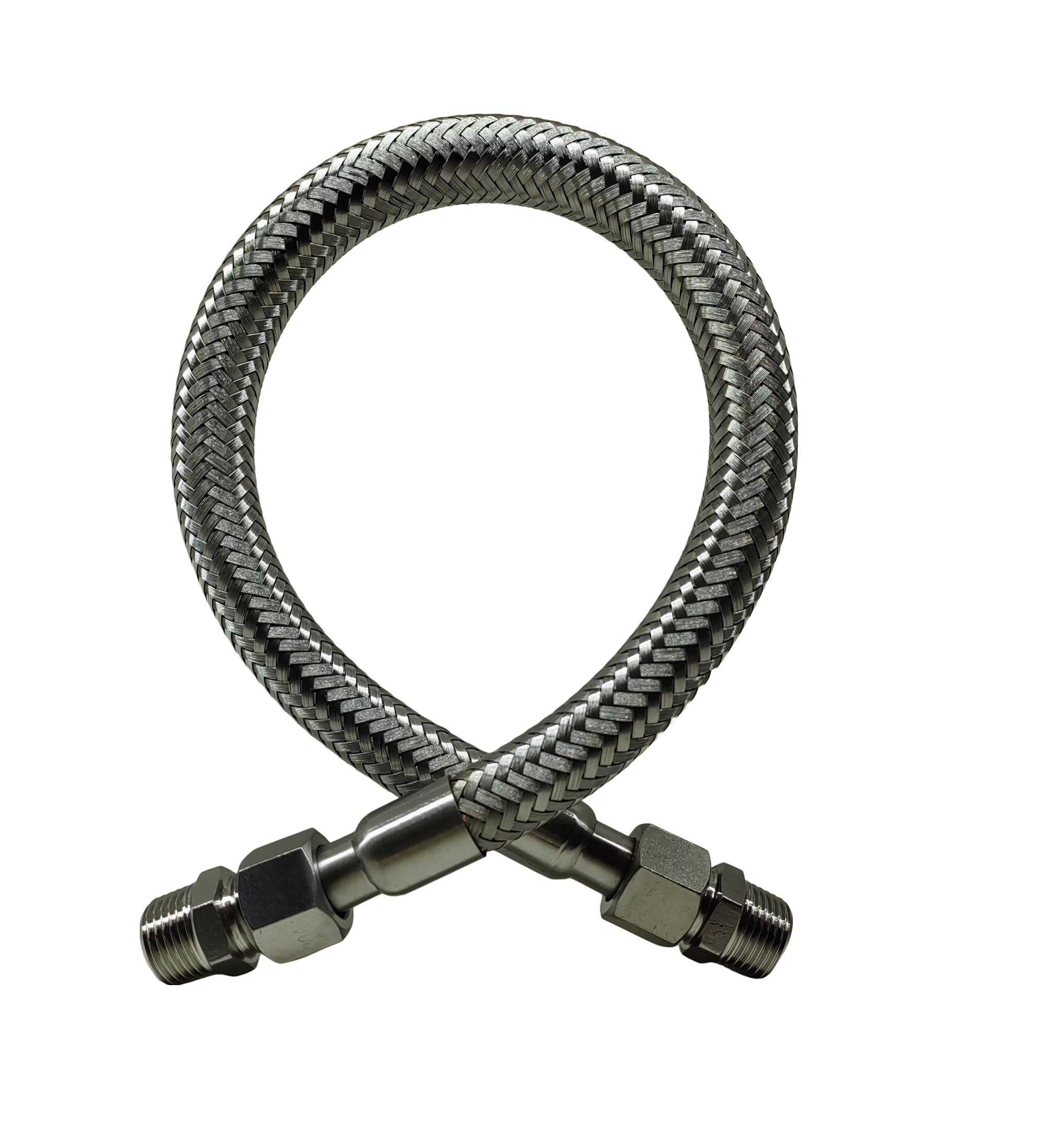 JXHONG industrial jumper hose showing 20-inch length and 1/2 in NPT male ends for flexible shop connections.