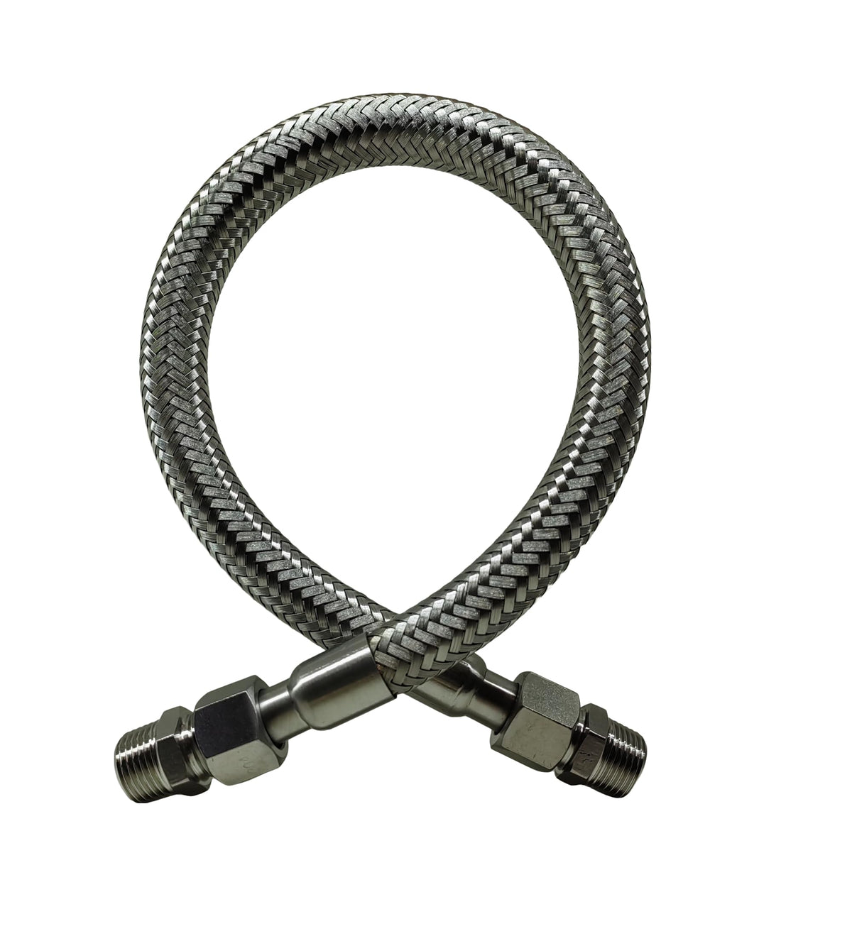 JXHONG industrial jumper hose showing 20-inch length and 1/2 in NPT male ends for flexible shop connections.
