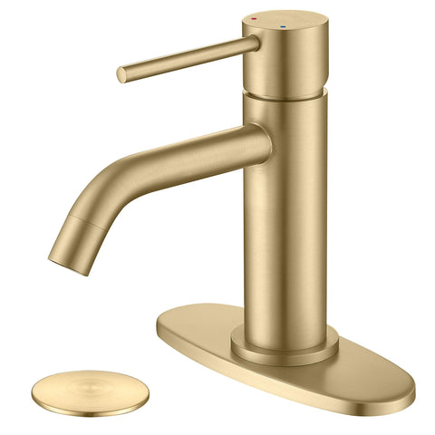 JXMMP brushed-gold bathroom faucet front view highlights stylish finish and solid construction