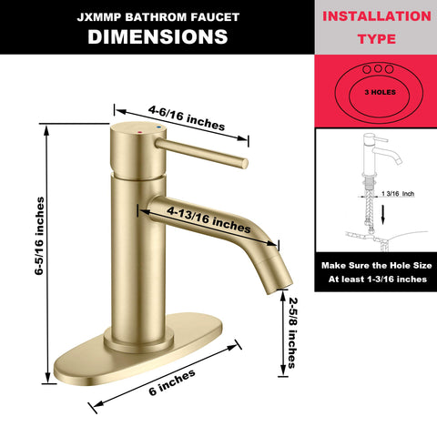 JXMMP brushed-gold faucet pop-up drain close-up shows easy maintenance and fit