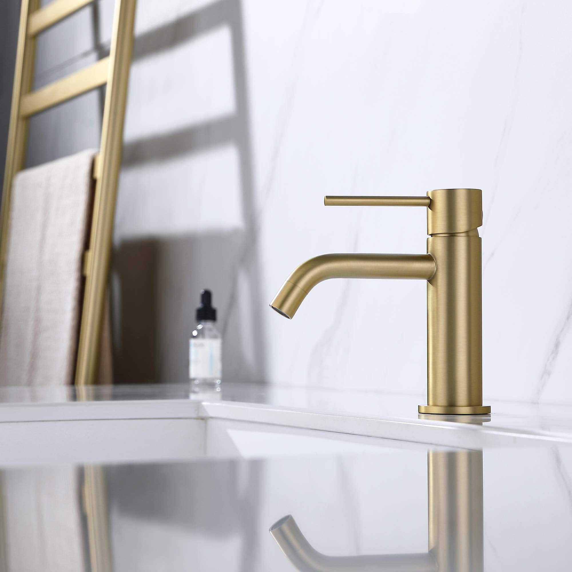 JXMMP brushed gold bathroom faucet with supply lines for quick setup