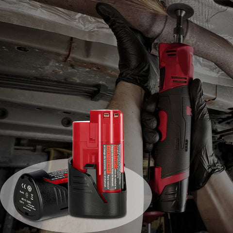JYJZPB Milwaukee M12 battery packaging box shows two-pack convenience.