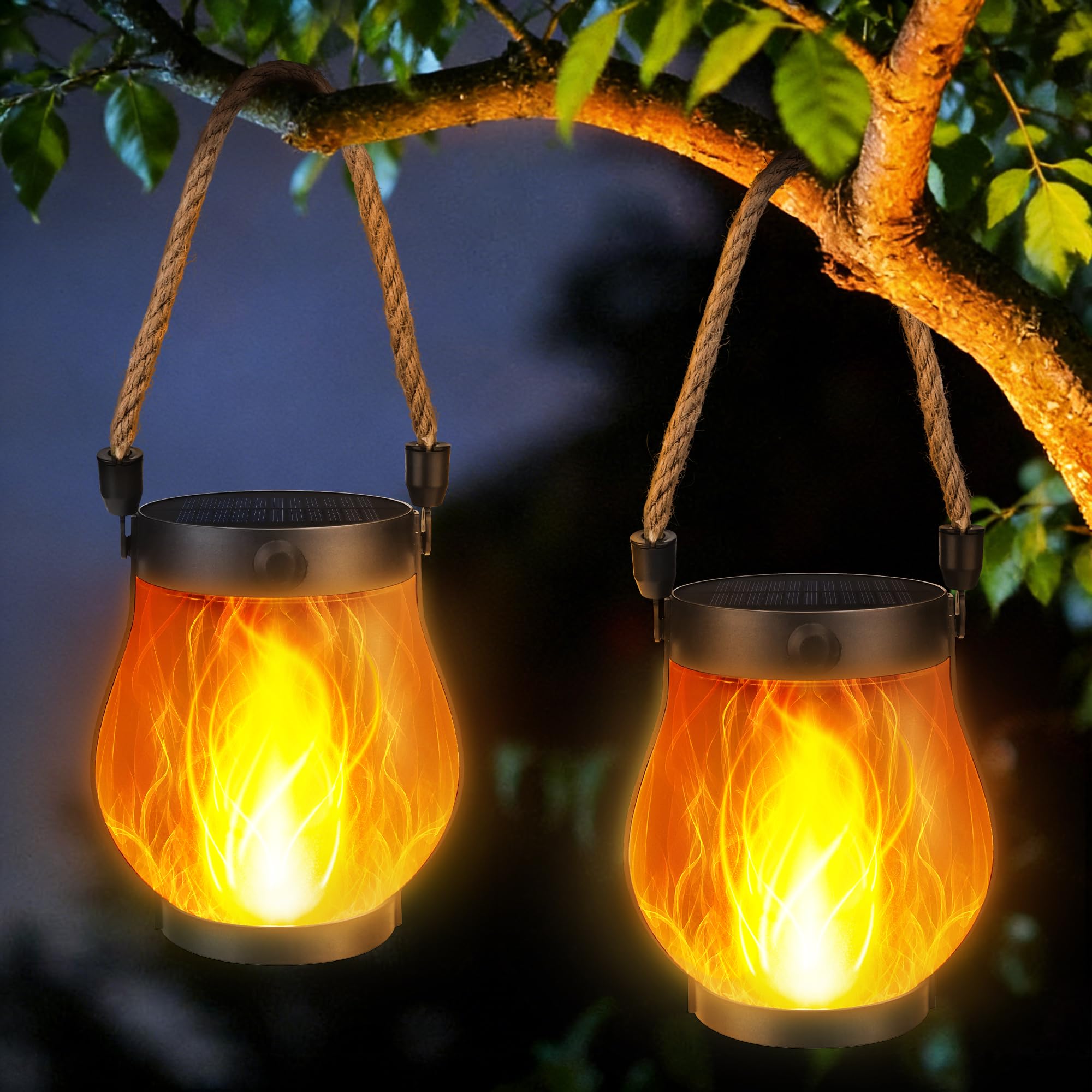 Jyoiat solar flame lantern hanging front view for outdoor ambience.